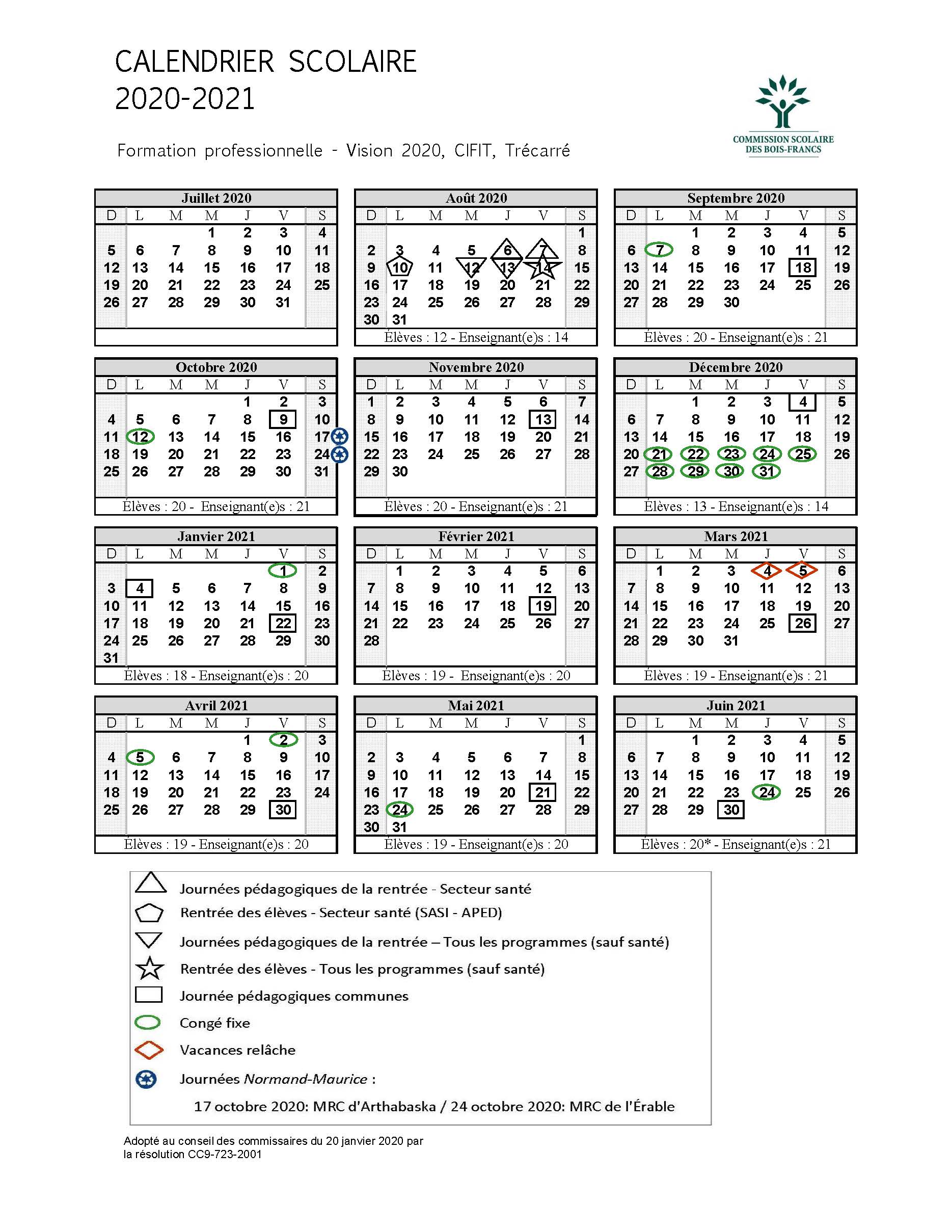 Calendrier scolaires – Syndicat de l'enseignement des Bois-Francs (SEBF)